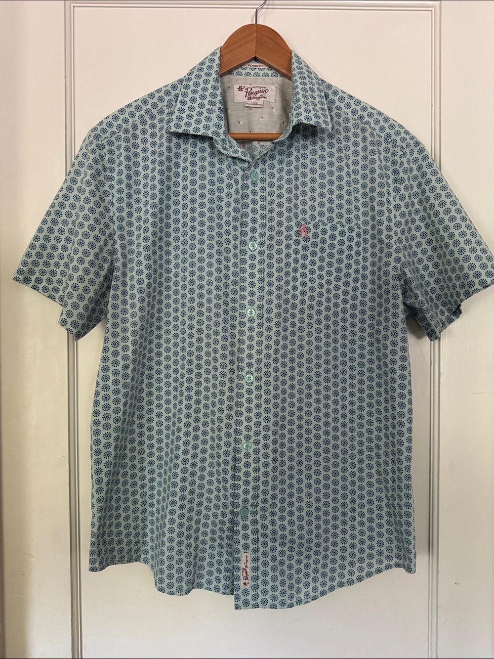 Light Blue Patterned Short-Sleeve Button-Down Shirt by Penguin